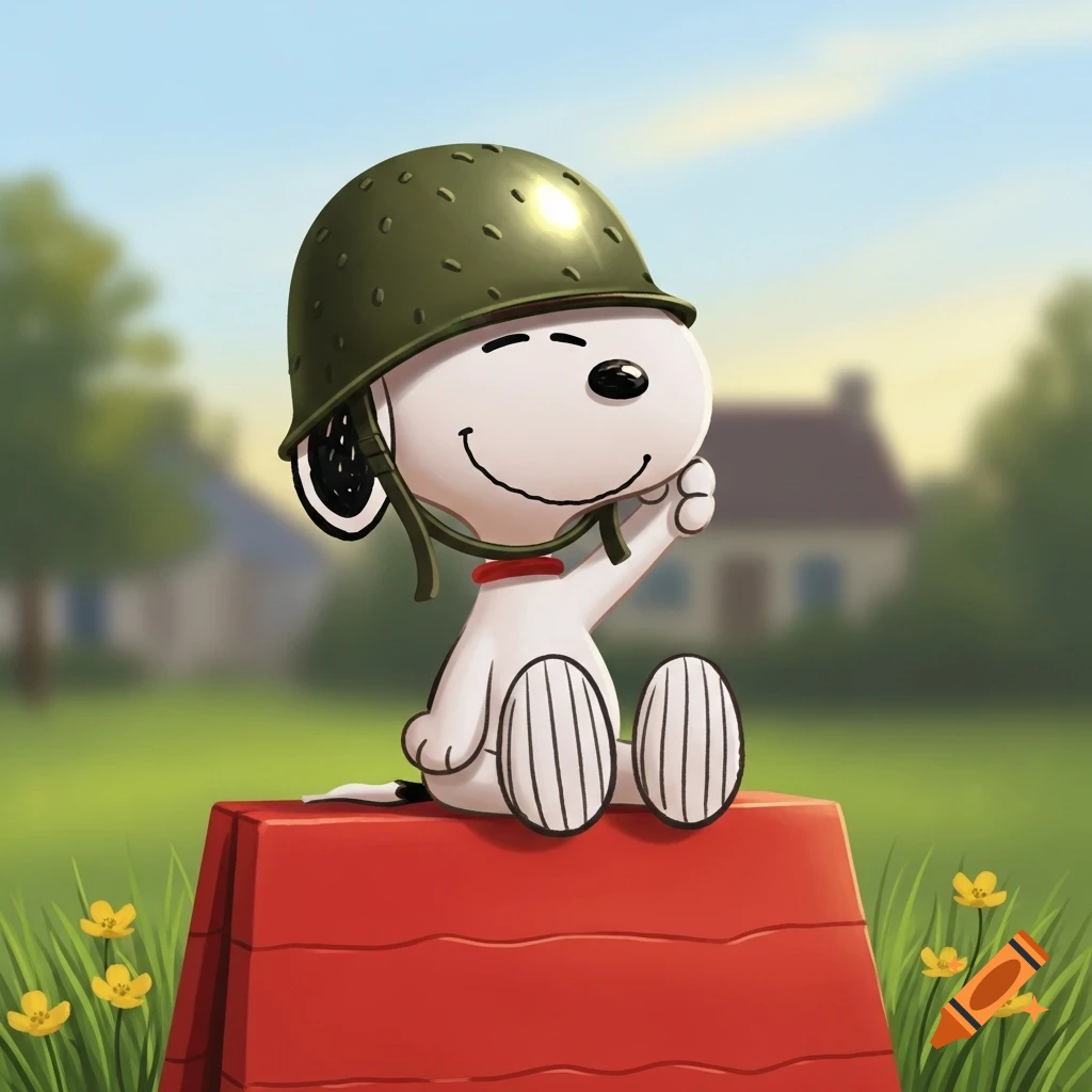 Snoopy, a white beagle, sits on his red doghouse wearing a green army ...