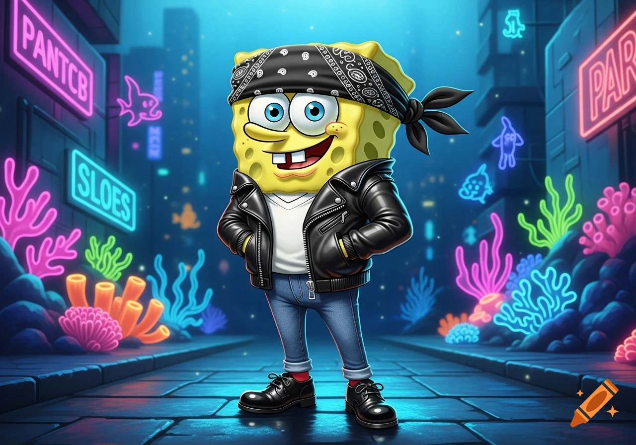 SpongeBob SquarePants wearing a black bandana, leather jacket, white t-shirt, blue jeans, and black shoes, standing on a street in a neon-lit underwater city.