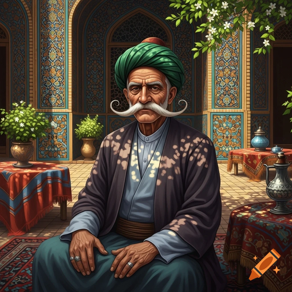 An old man with a prominent white handlebar mustache and a green turban sits in a vibrant, tiled Middle Eastern courtyard.