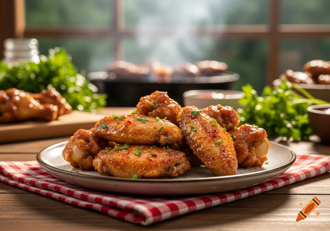 A plate of glistening barbecue chicken wings garnished with herbs, on a red checkered napkin and wooden table, with a grill in the smoky background.