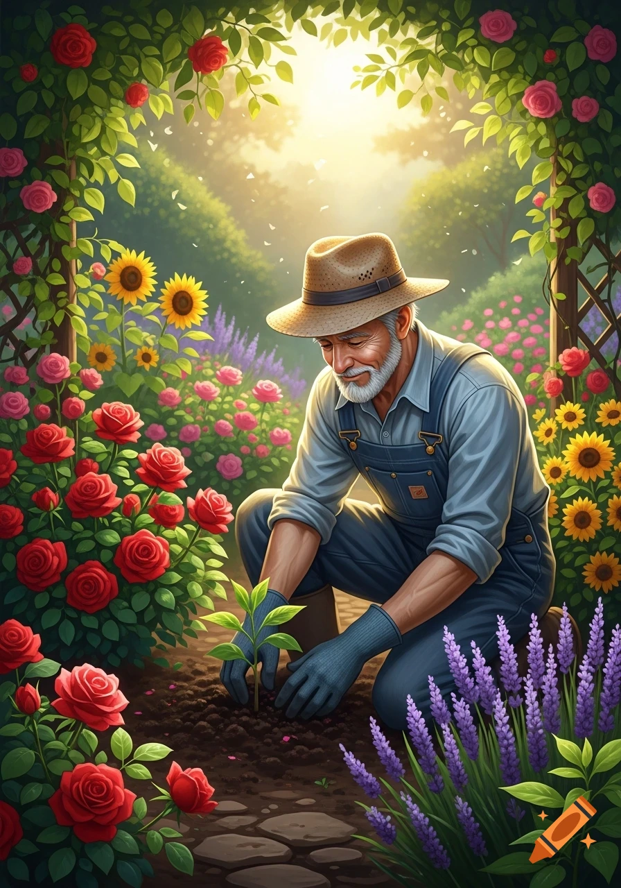 A cheerful old gardener in a straw hat and overalls kneels, planting a seedling amidst vibrant roses, sunflowers, and lavender in a sunlit garden, digital illustration.