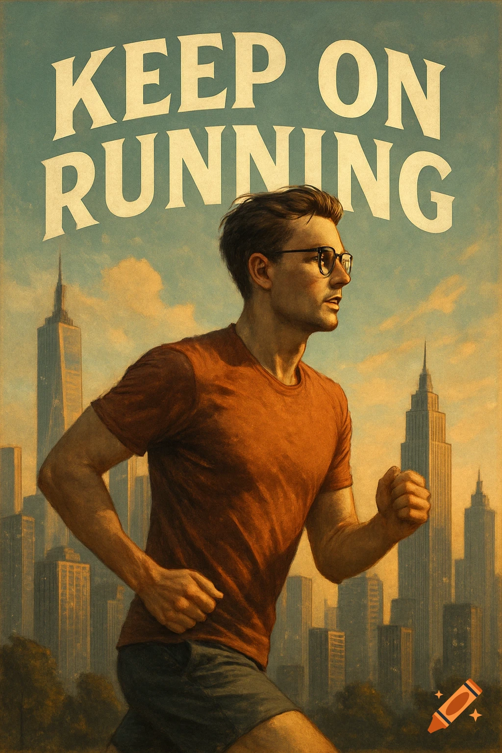 Vintage poster of a man in glasses running with a city skyline in the background, text reads 'KEEP ON RUNNING'.