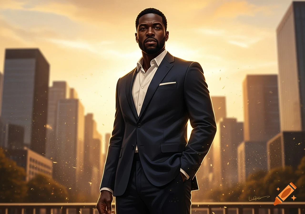A photorealistic portrait of a confident Black man in a suit standing ...