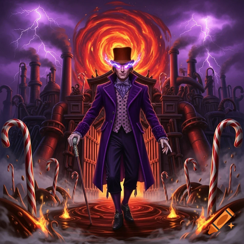 A dark fantasy illustration of a demon-like Willy Wonka villain with glowing purple eyes, holding a cane, standing in an industrial setting with lightning, a fiery vortex, and candy canes.