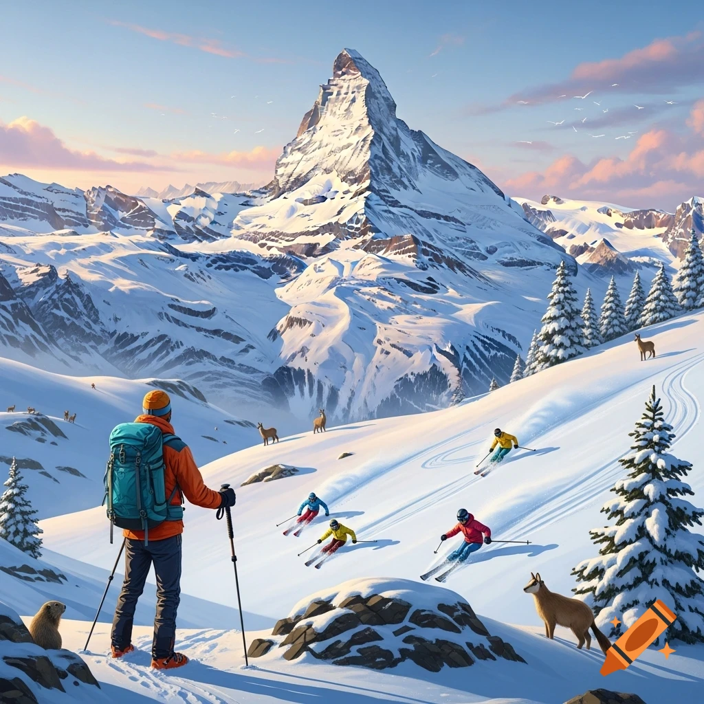 Vibrant illustration of a hiker watching skiers and alpine wildlife on a snowy mountain slope, with the Matterhorn peak.