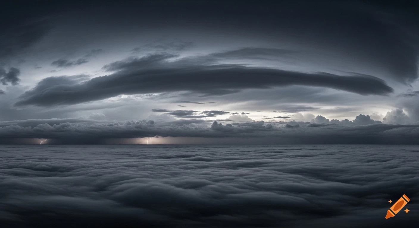 A dramatic, wide shot of a stormy sky with dark grey clouds and ...