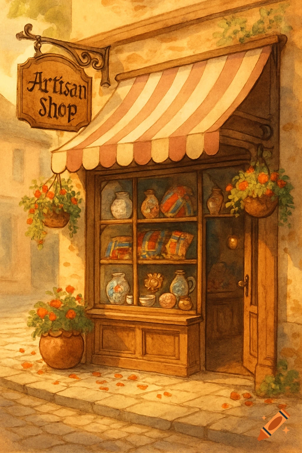 Watercolor painting of a charming artisan shop with a striped awning, display window, open door, and flower baskets on a street.