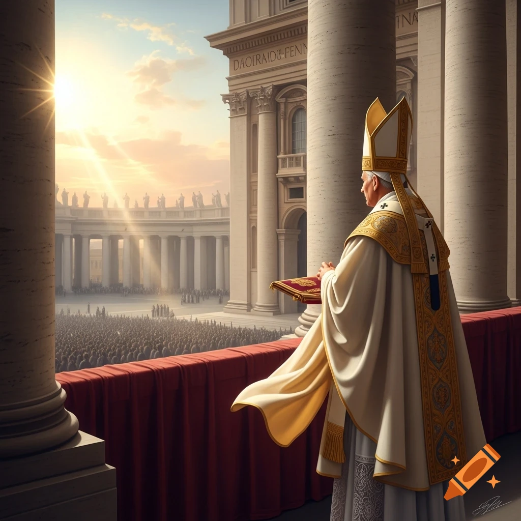 Pope in ceremonial robes on a balcony overlooking a vast crowd in a grand plaza at sunrise.
