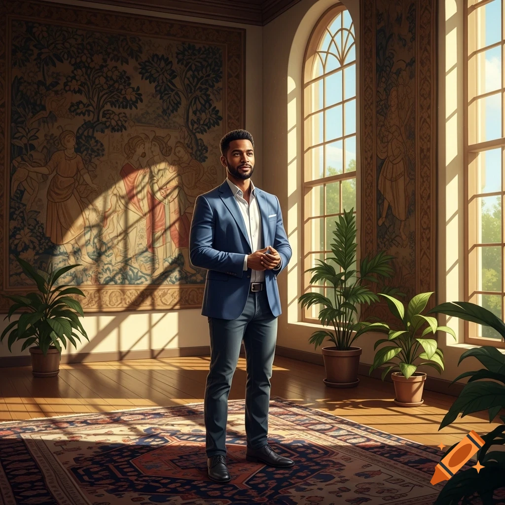 Photorealistic portrait of a man in a blue suit in a sunlit grand room with tapestries and tall windows.