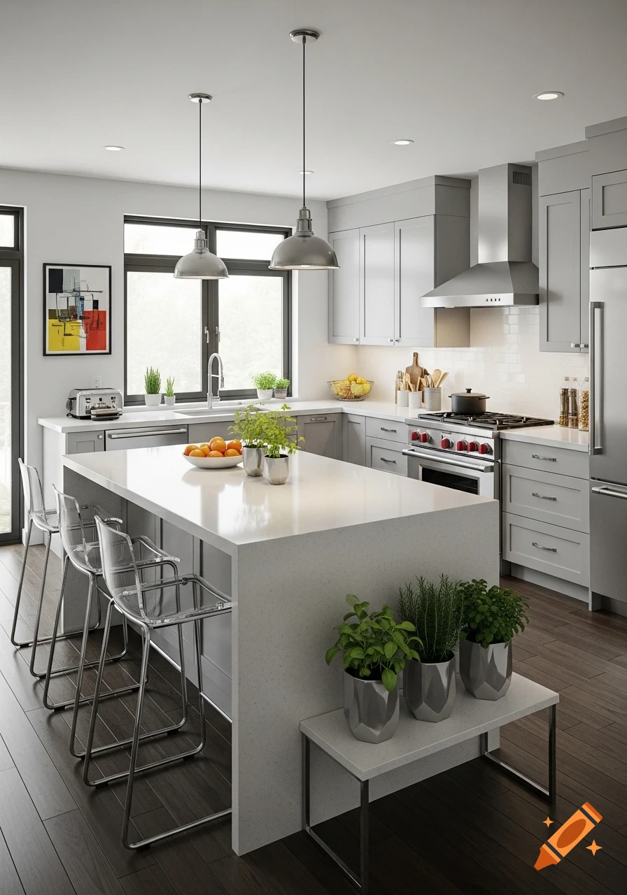 A bright, modern kitchen with a large white island, grey cabinets, stainless steel appliances, and large windows.
