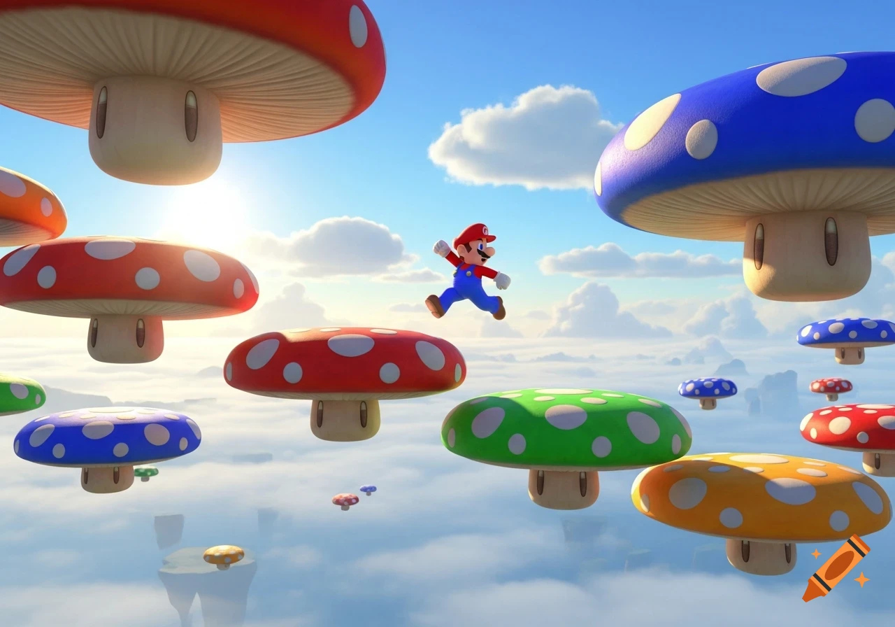 Mario jumps between colorful floating mushroom platforms above clouds in a bright, cartoonish 3D render.