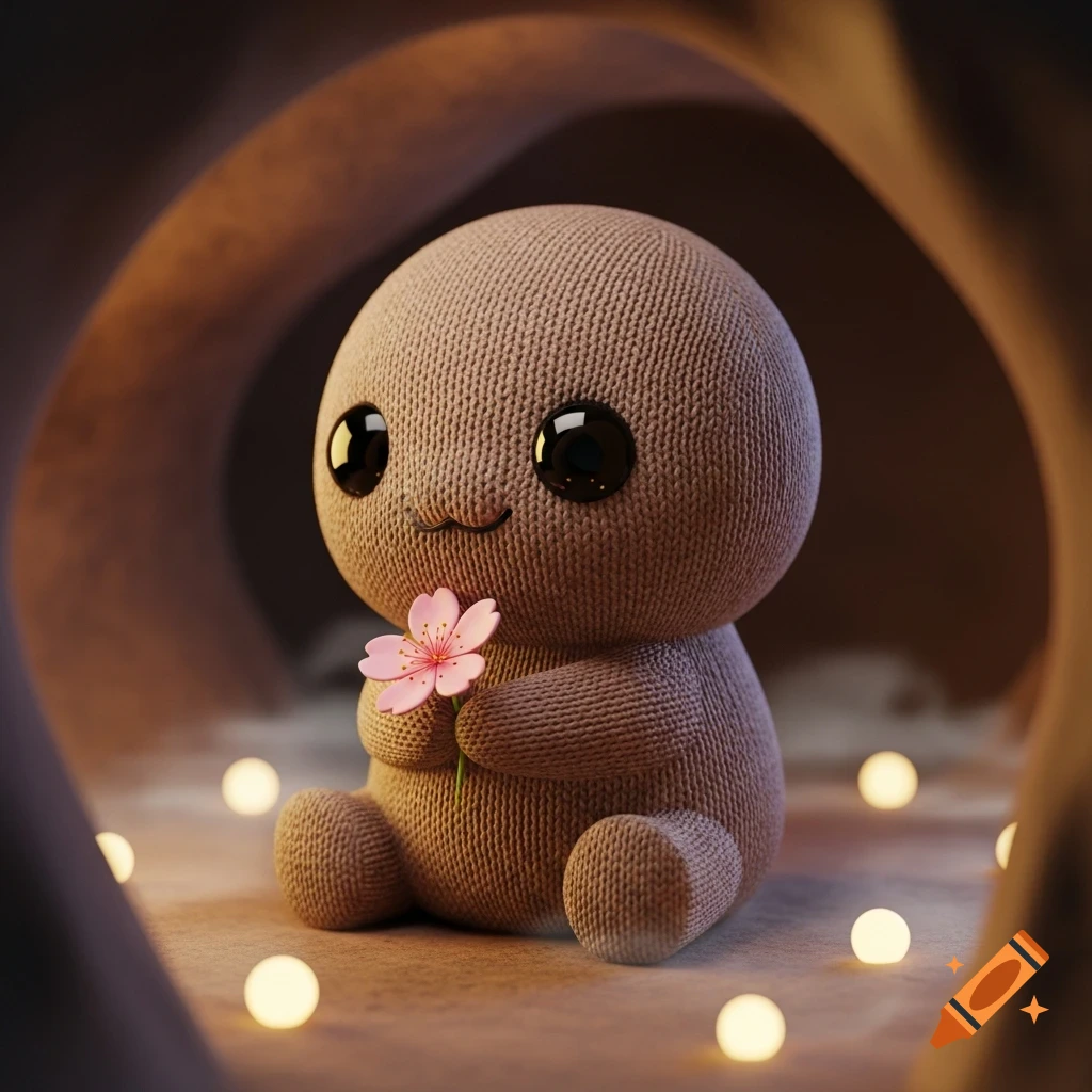 A cute, taupe, knitted creature sits holding a pink cherry blossom flower in a dimly lit cave-like space with glowing orbs, 3D render.