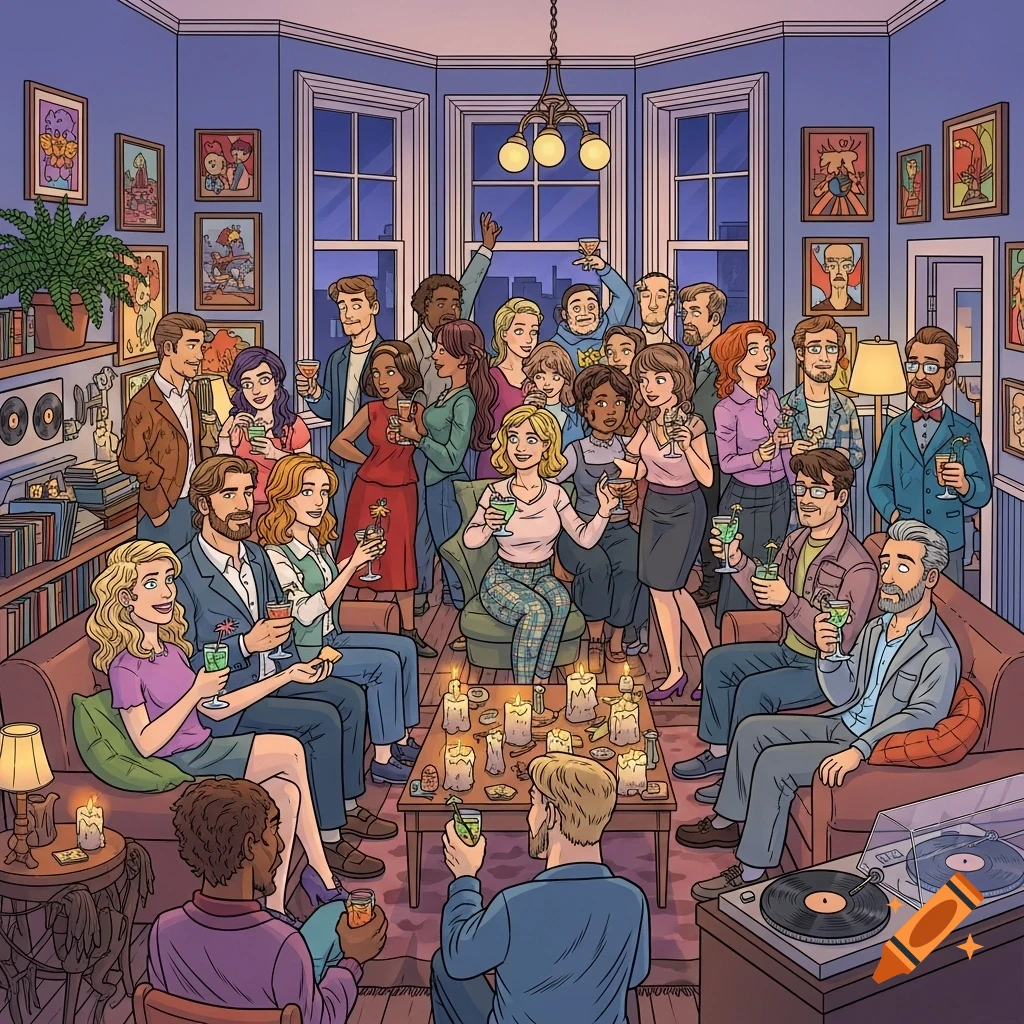 Comic art of a crowded evening party with diverse people talking, drinking, and listening to music in a cozy living room.