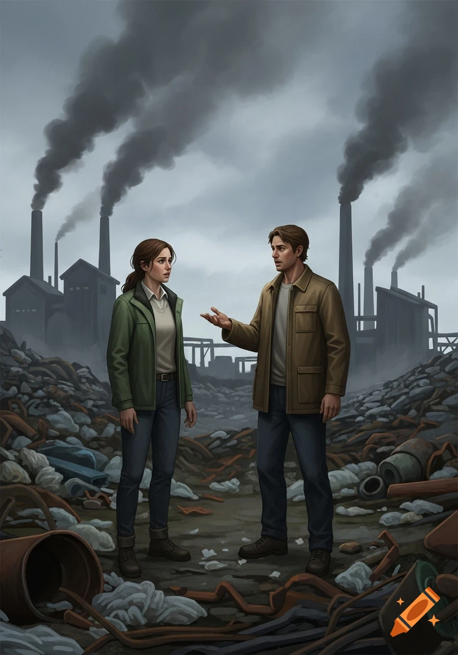 Two worried people stand on waste-filled ground, talking, with polluting factories spewing smoke in the background. Digital illustration.