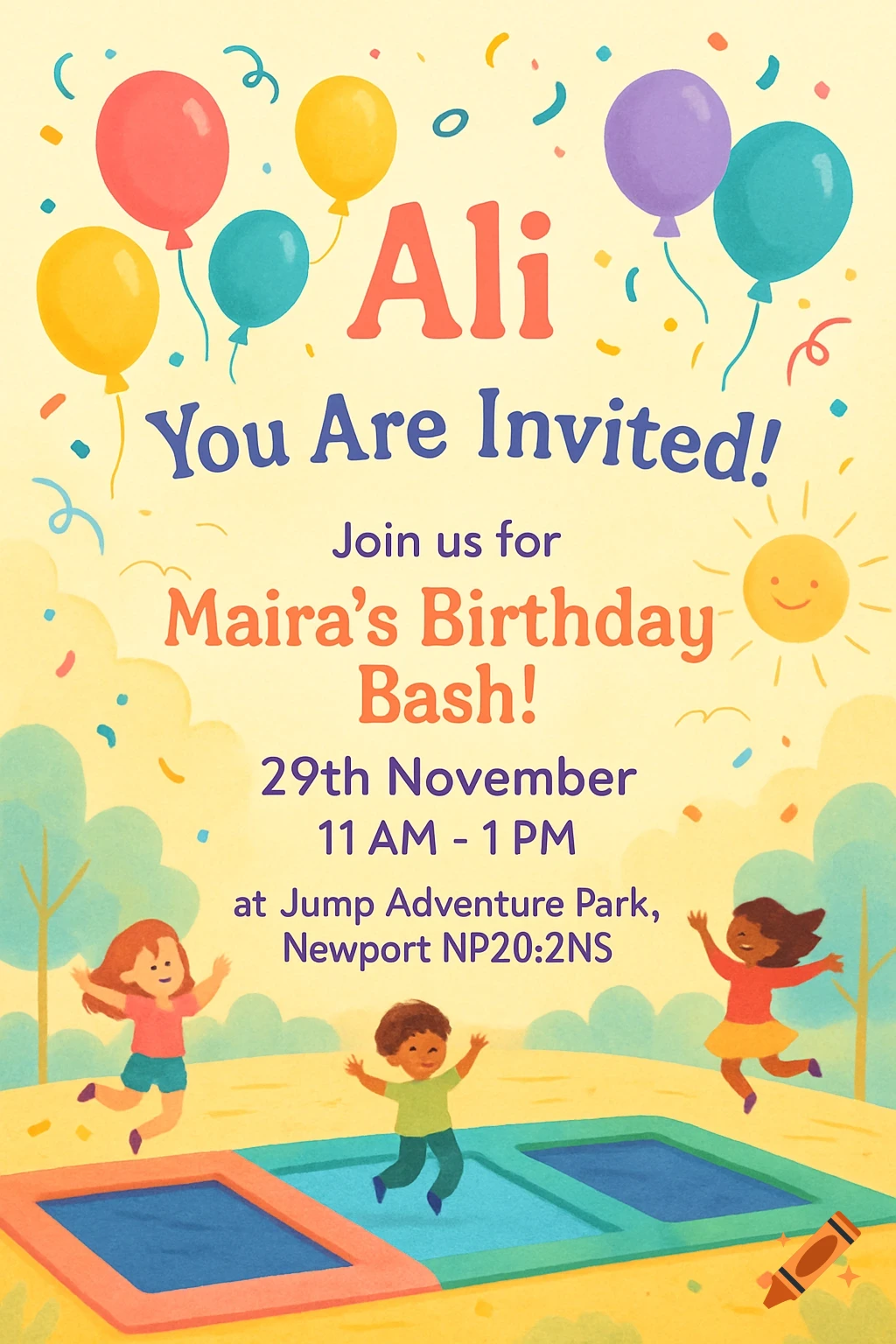 A colorful birthday invitation card featuring balloons, confetti, a smiling sun, and three children jumping on trampolines in a park setting.