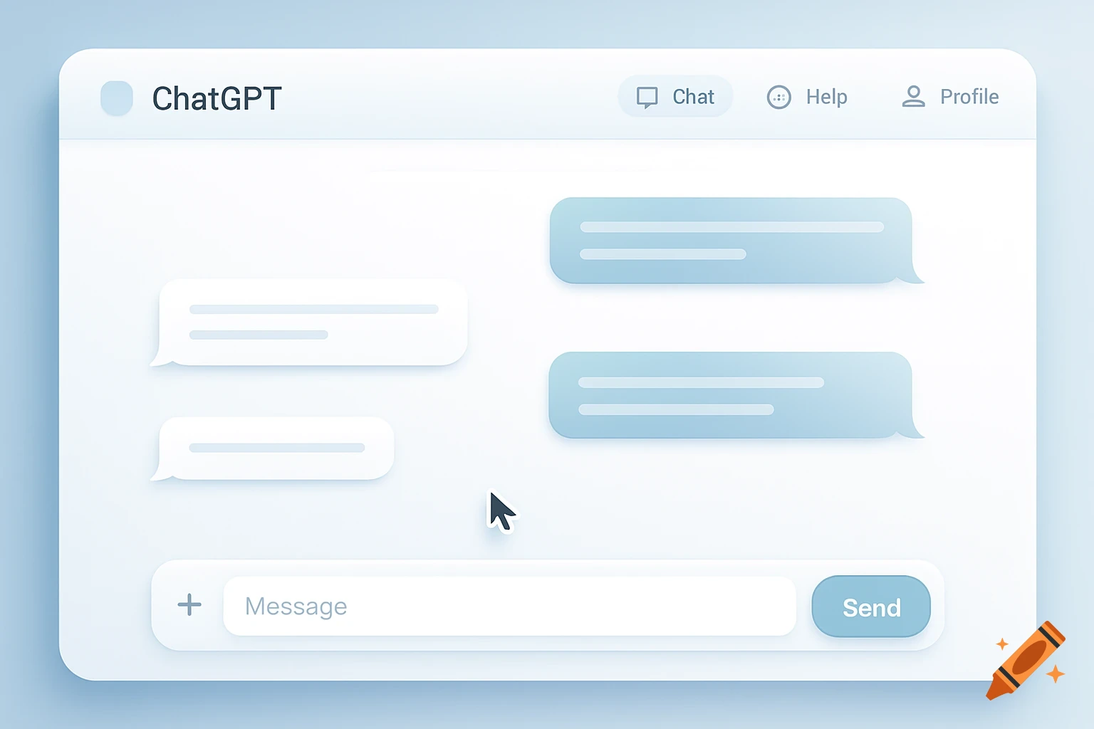 Minimalist UI for a ChatGPT-like chat application with message bubbles, input field, and navigation elements.