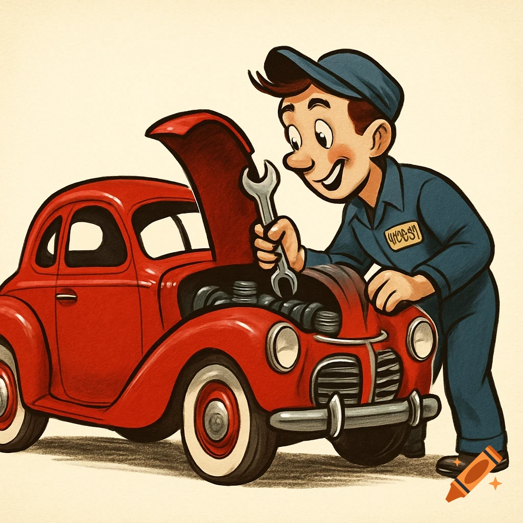 A cartoon mechanic in a blue uniform holds a wrench while looking into the open hood of a red vintage car.