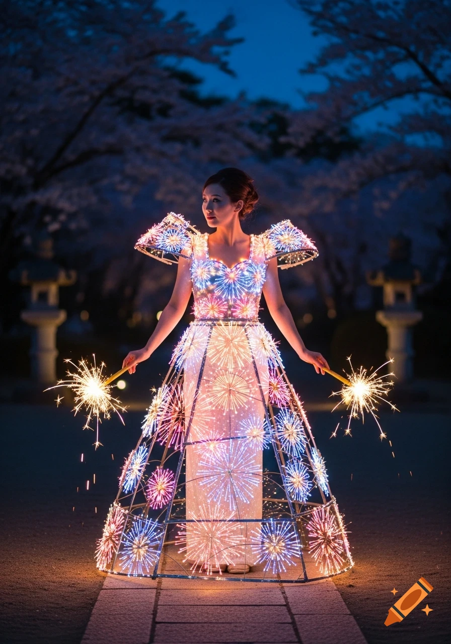 A woman in a vibrant, sparkling fireworks dress holds two lit sparklers on a path at night, with cherry blossoms in the background.