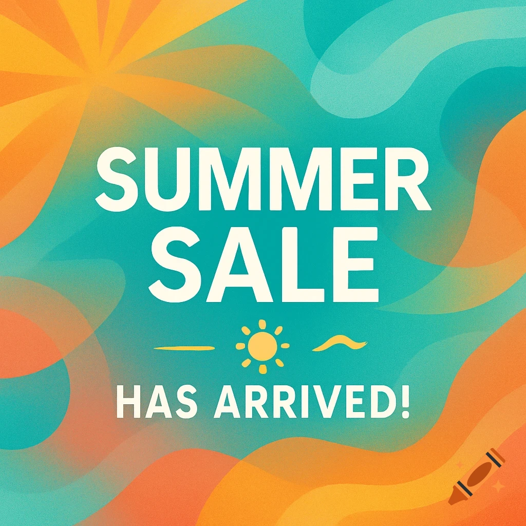 SUMMER SALE HAS ARRIVED! text on a vibrant abstract background with sun motif in teal, orange, and yellow.