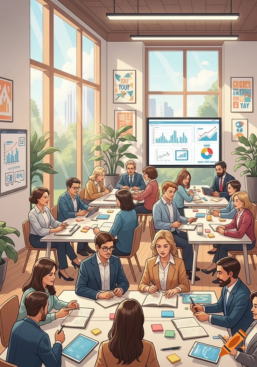 An overhead view of a diverse group of professionals in a brightly lit modern office, seated at tables during a meeting or training session. Charts are displayed on screens and posters.