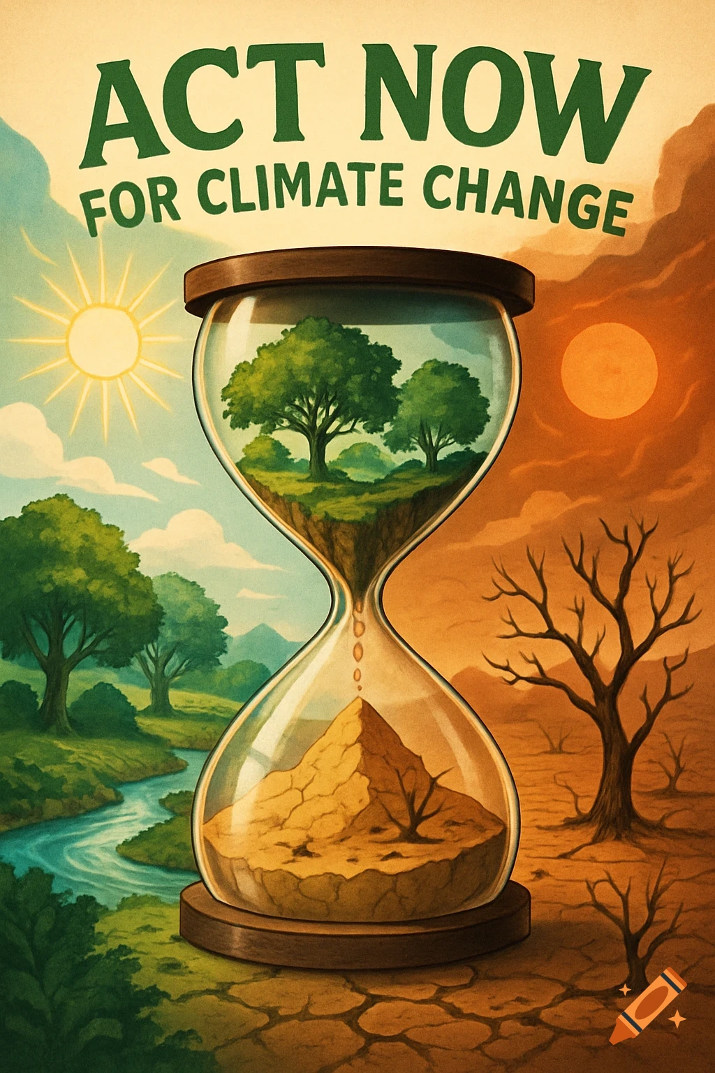 A climate change poster with an hourglass showing lush nature and a river transforming into a desert. Text: ACT NOW FOR CLIMATE CHANGE.