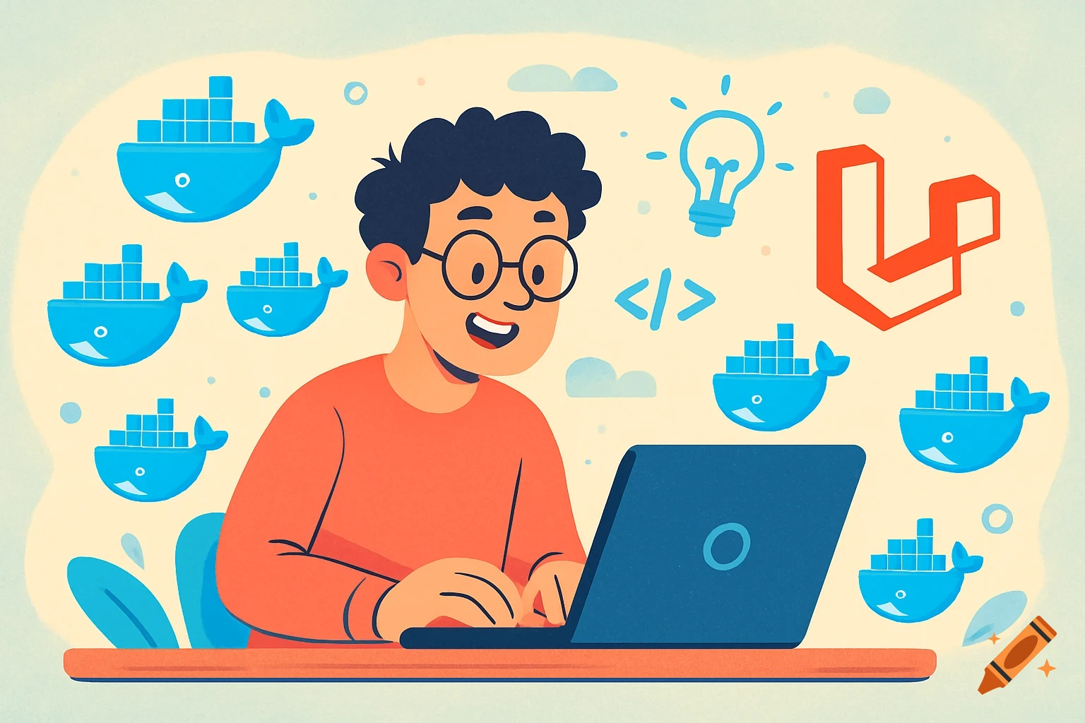 A happy male developer coding on a laptop, surrounded by floating blue Docker whale logos, a red Laravel logo, a lightbulb, and a code symbol, in a vibrant, flat cartoon style.