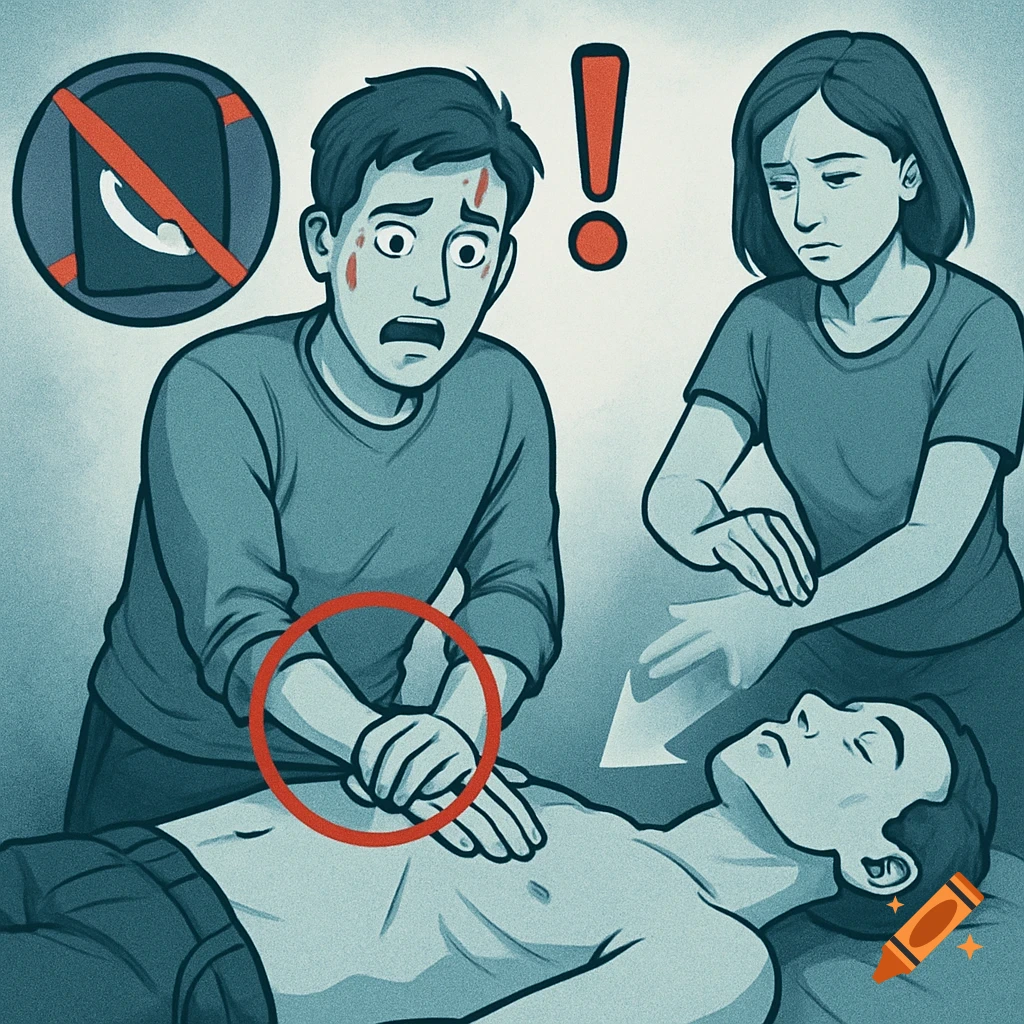 An illustration of three people in a first aid scenario, with one person lying down receiving CPR, another person performing it with a fearful expression, and a woman watching. Symbols for 'no phone' and an exclamation mark are present, along with a red circle around the CPR hands.