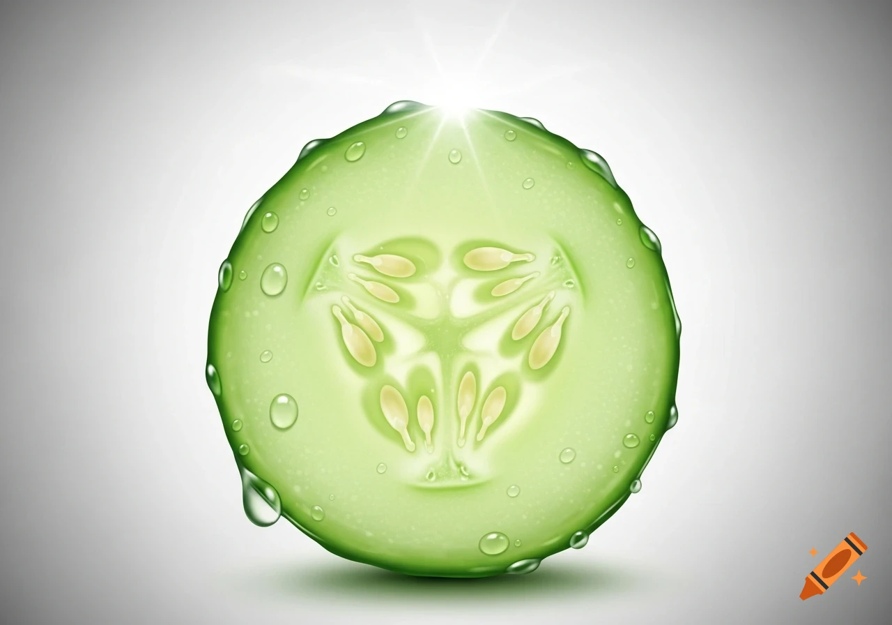A vibrant green cucumber slice covered in water droplets with a starburst light effect, against a light background.