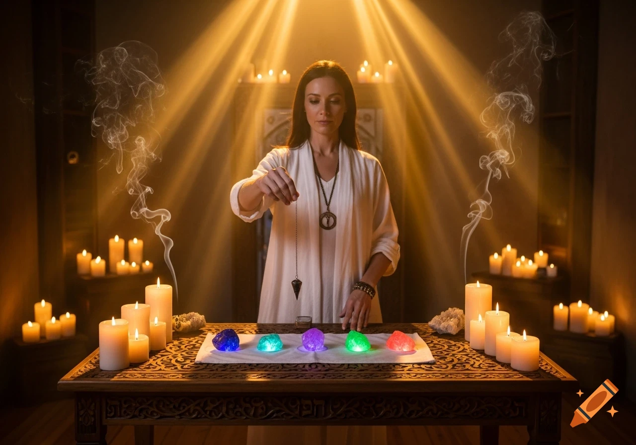 A woman in white holds a pendulum over glowing crystals on a table, surrounded by candles and mystical smoke in a warm-lit room.