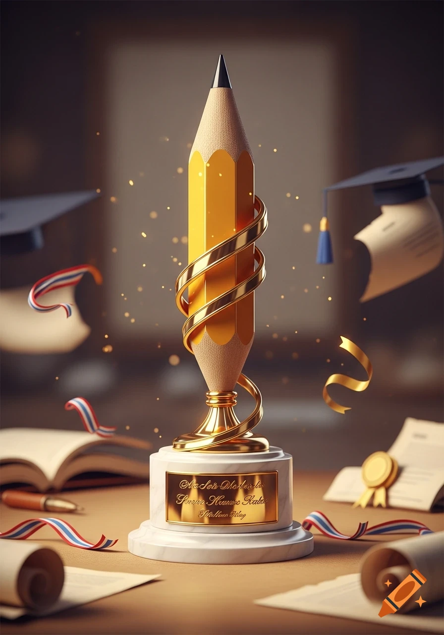 A detailed, photorealistic illustration of a golden pencil trophy on a marble base, surrounded by graduation caps, scrolls, and glittering sparkles.