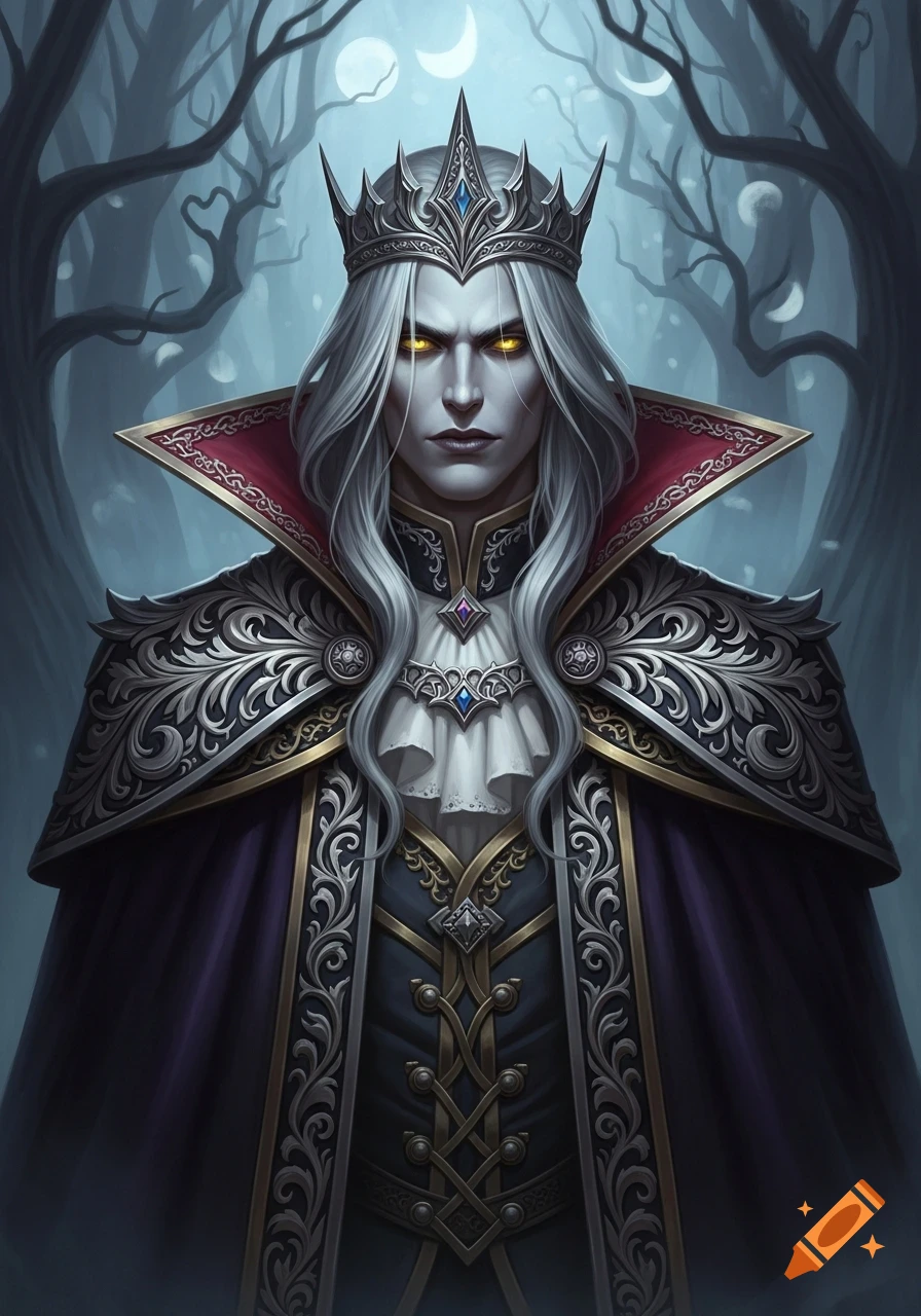 A dark fantasy portrait of a male vampire with long silver hair, glowing yellow eyes, a silver crown, and intricate gothic attire, standing in a moonlit forest.