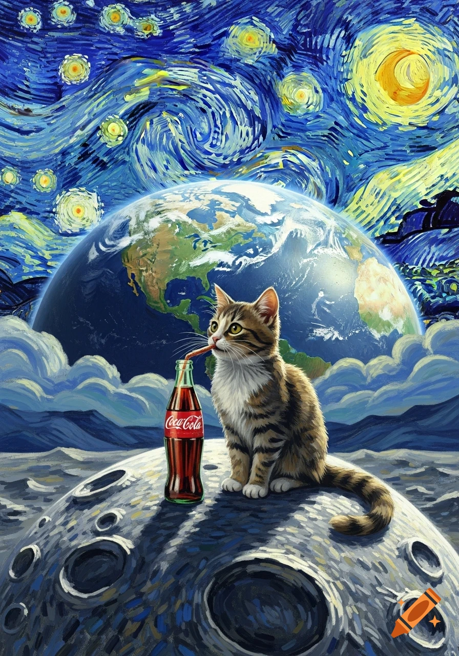 A tabby cat sits on the moon, drinking a Coca-Cola with a straw, with Earth and a Van Gogh style starry night sky in the background.
