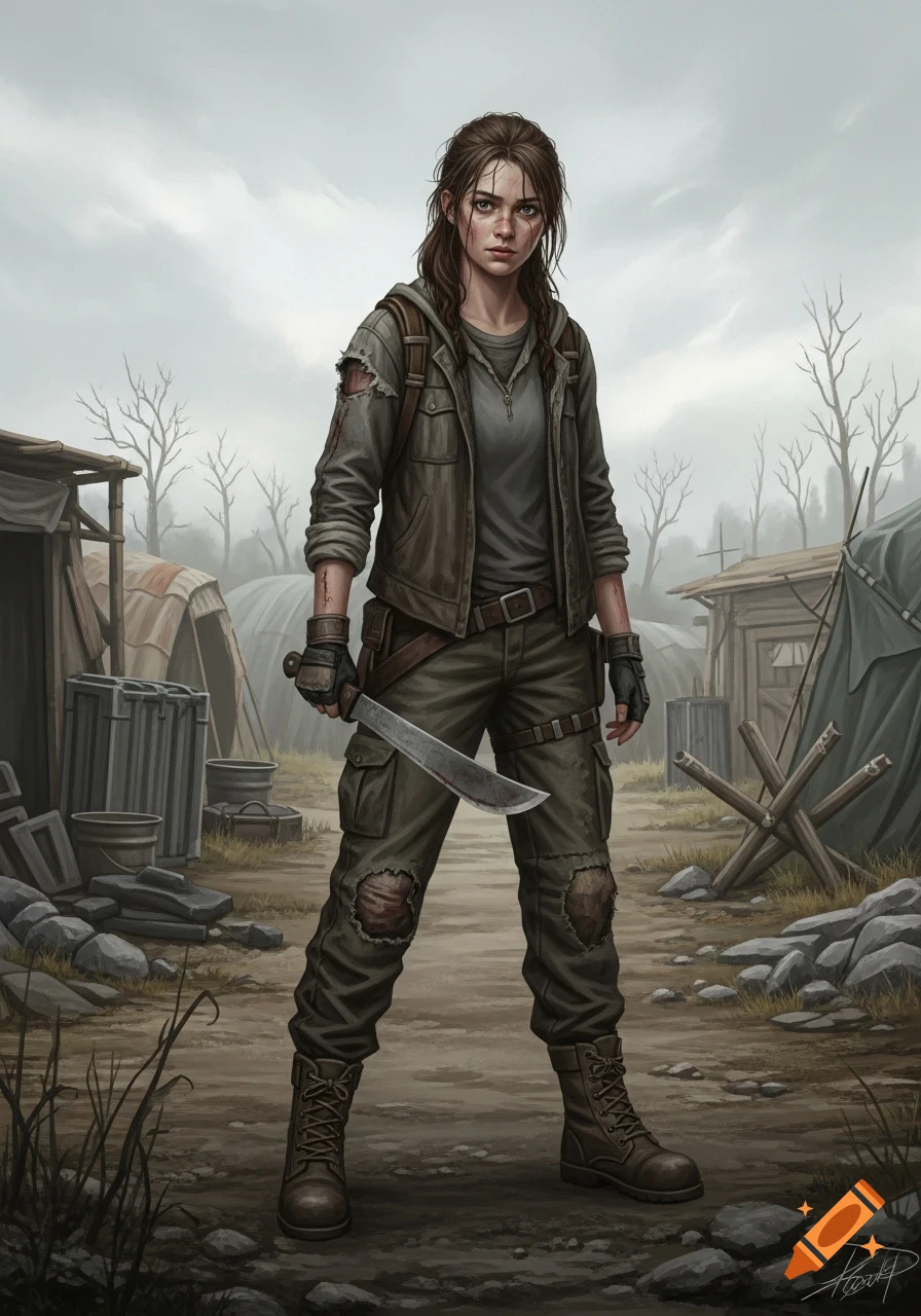 A young, rugged woman with a machete stands in a desolate post-apocalyptic settlement, digital painting.