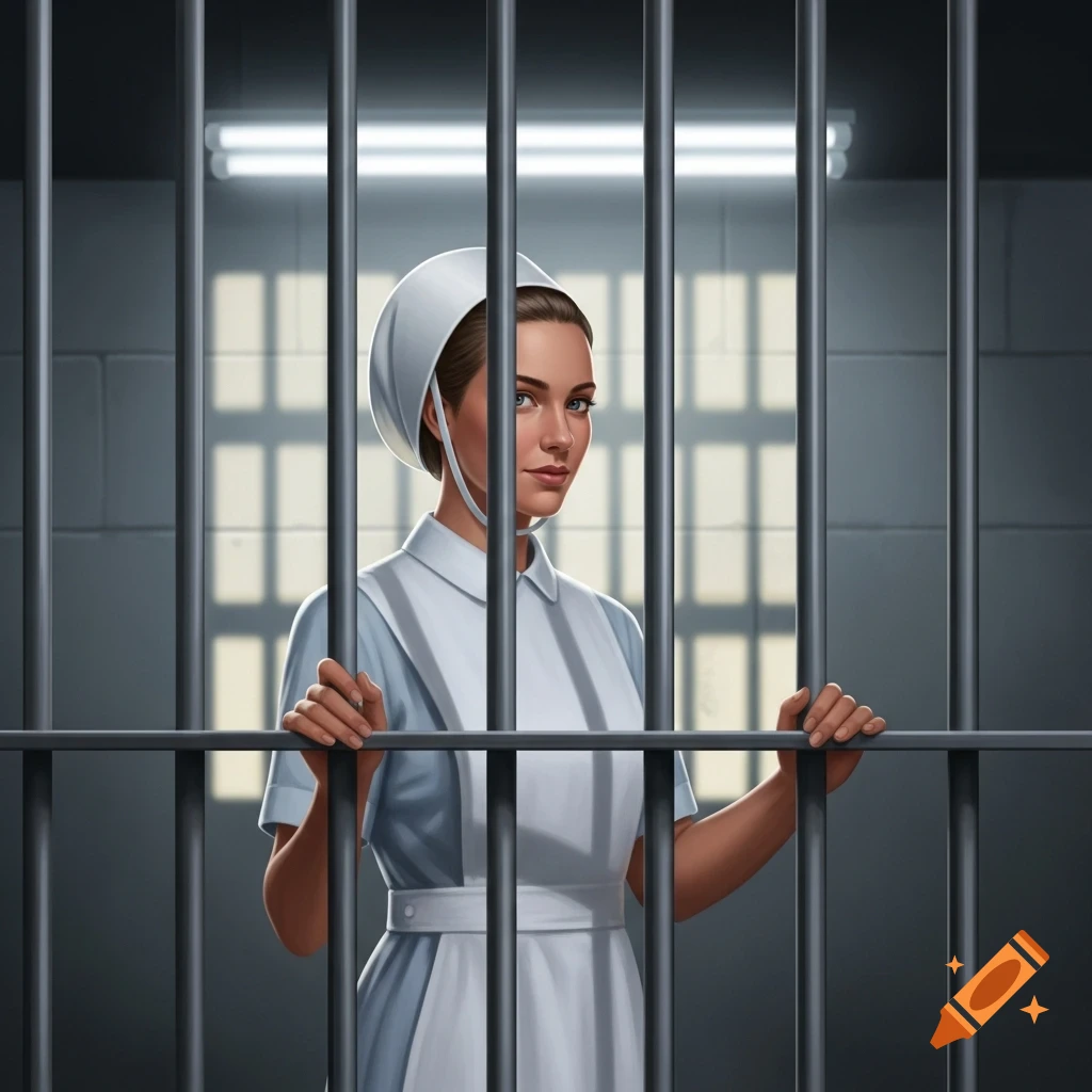 An illustration of a woman in a white uniform and bonnet, looking directly ahead from behind prison bars.