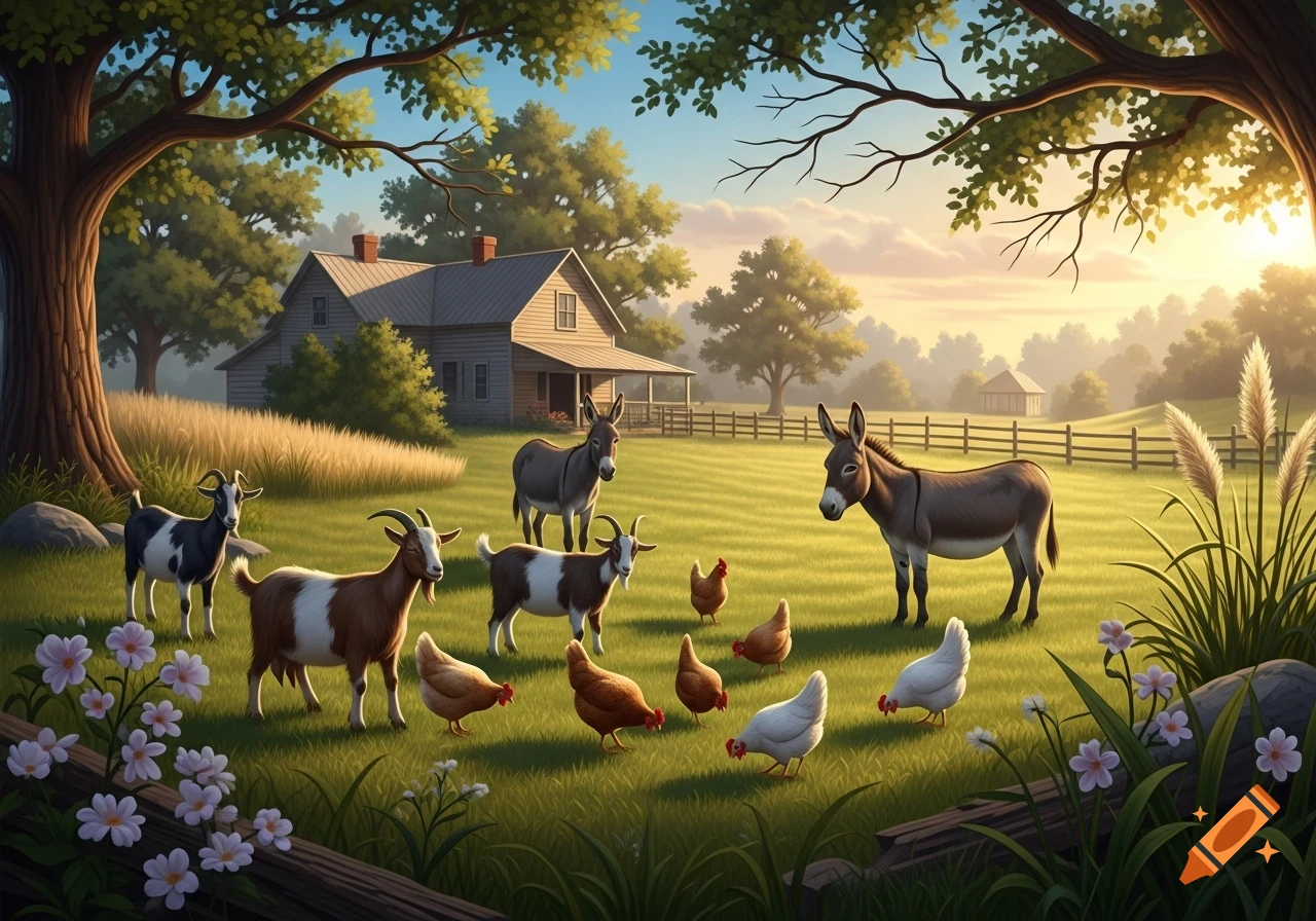 Illustrative farm scene with goats, donkeys, and chickens grazing in a sunny pasture with a farmhouse in the background.
