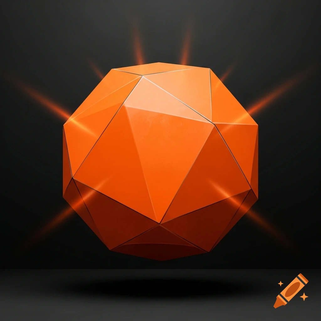 A bright orange multifaceted geometric shape floats against a dark background, emitting orange light rays.