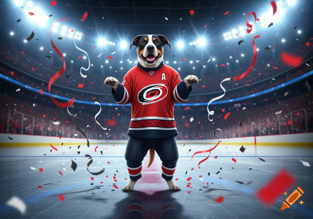 A happy dog in a red hockey jersey stands on an ice rink in a crowded stadium as confetti falls around it.