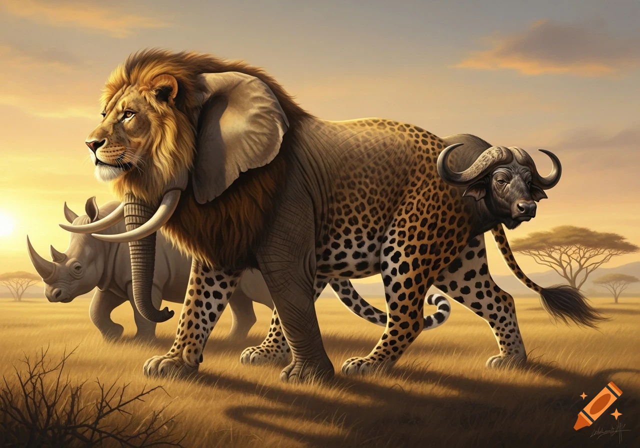 A majestic hybrid animal with lion, elephant, leopard, and buffalo features walks across a sunlit African savanna, a rhino visible behind it.