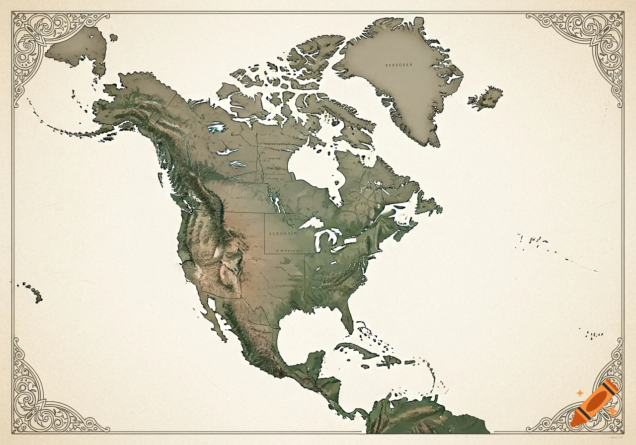 An antique-style relief map of North America, showing mountains and land contours, with decorative corners.