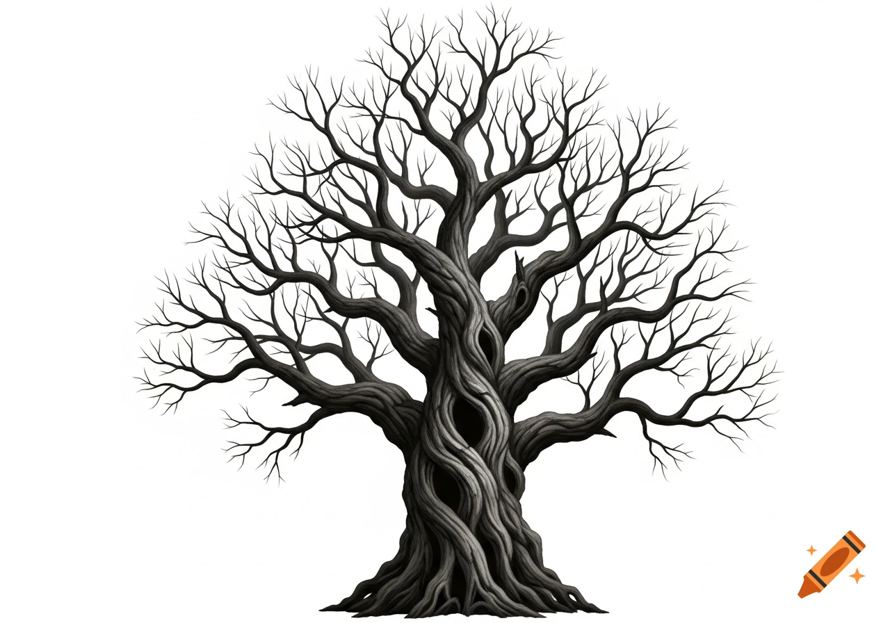 Stylized illustration of an old, gnarled bare tree with twisted, dark branches and trunk on a white background.