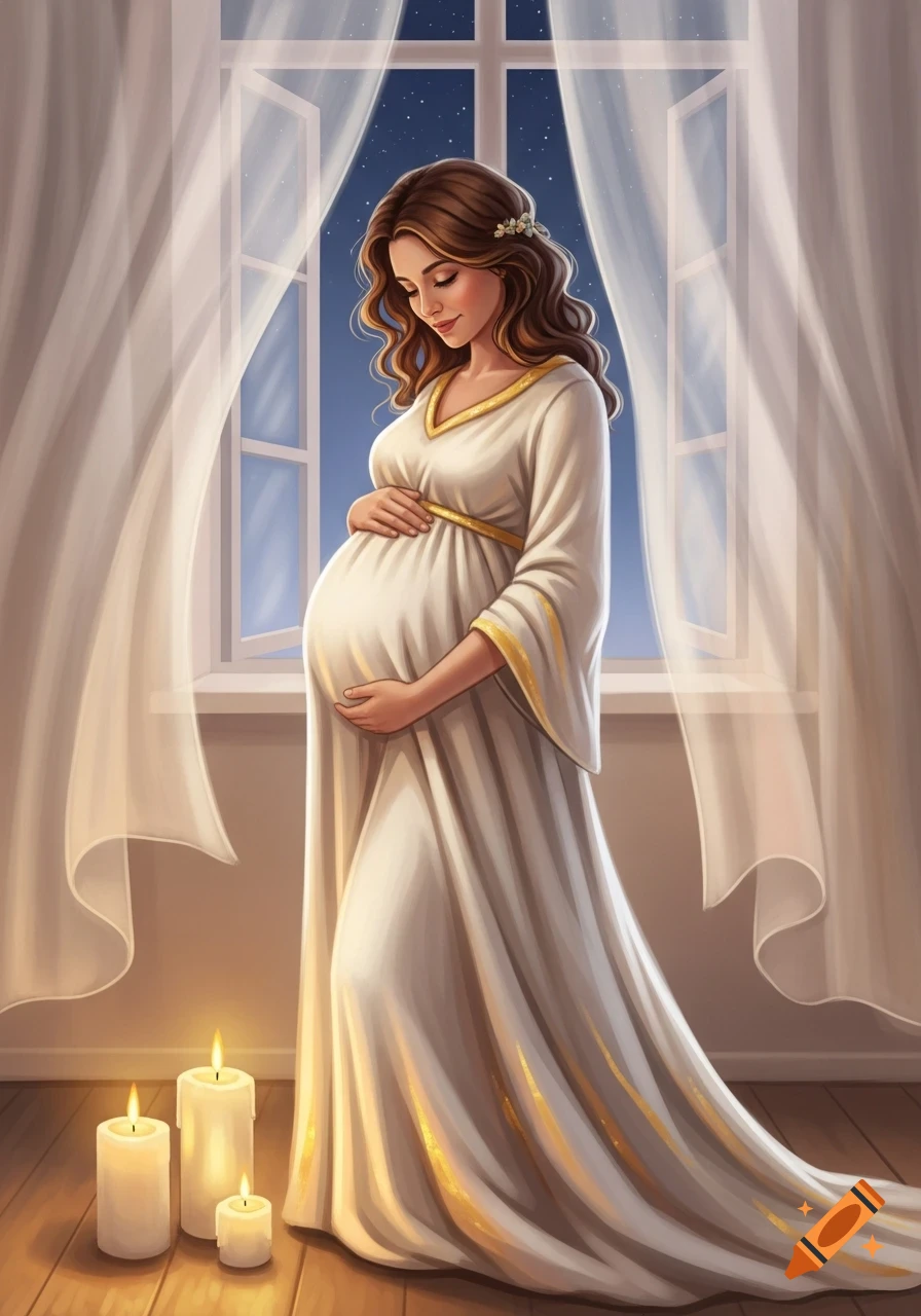Digital painting of a pregnant woman in a white dress, gently holding her belly, standing by a window at night with candles.