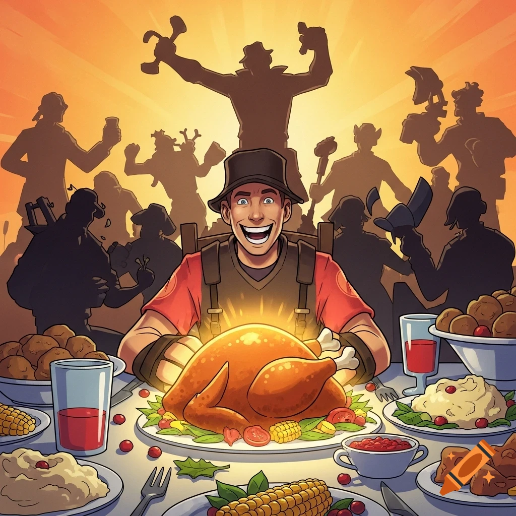 The Team Fortress 2 Scout character grins broadly at a Thanksgiving turkey surrounded by festive dishes and silhouetted teammates.