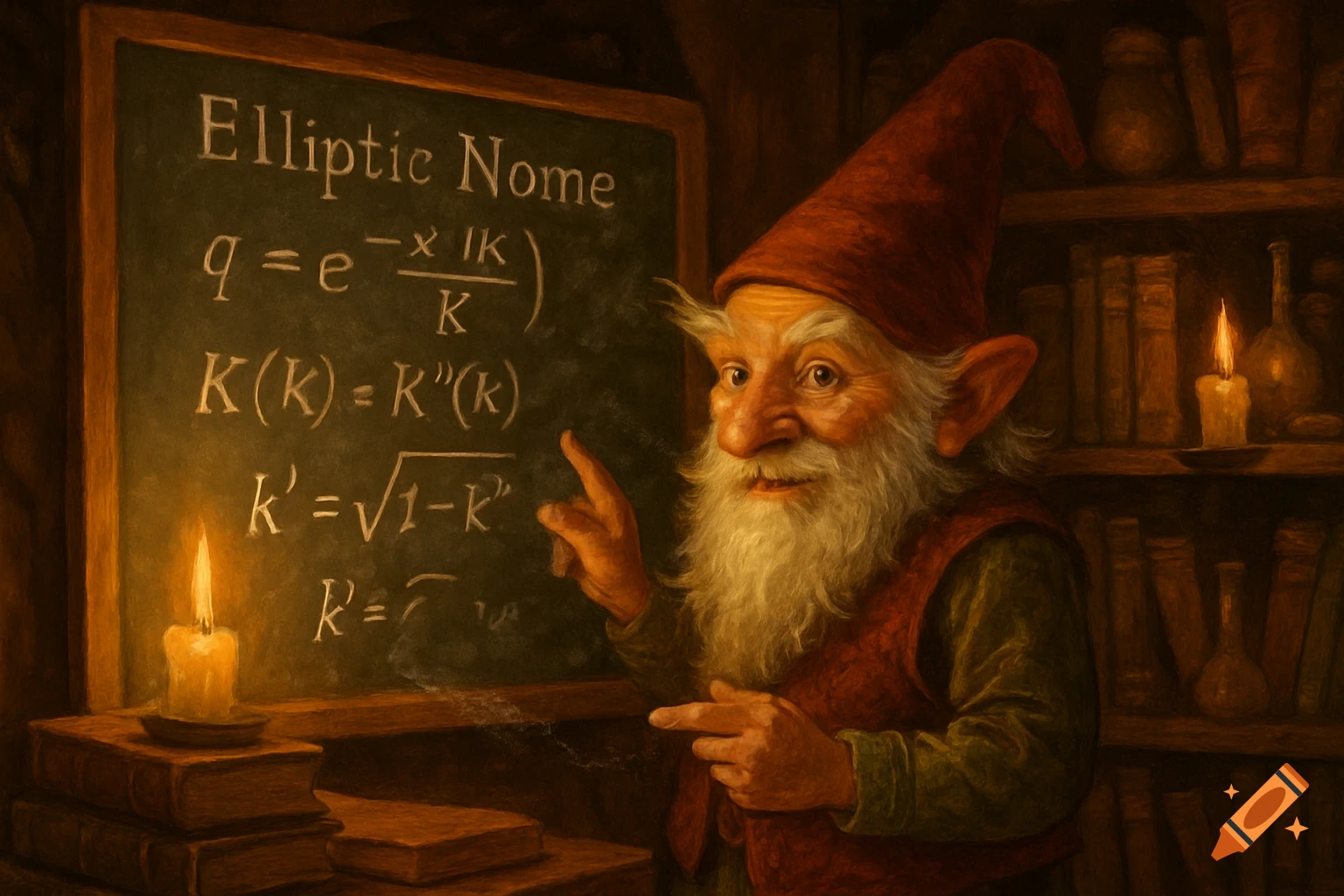 An old gnome with a long white beard and red hat points at a chalkboard filled with mathematical formulas for the "Elliptic Nome," lit by candles in a cozy, book-lined study.