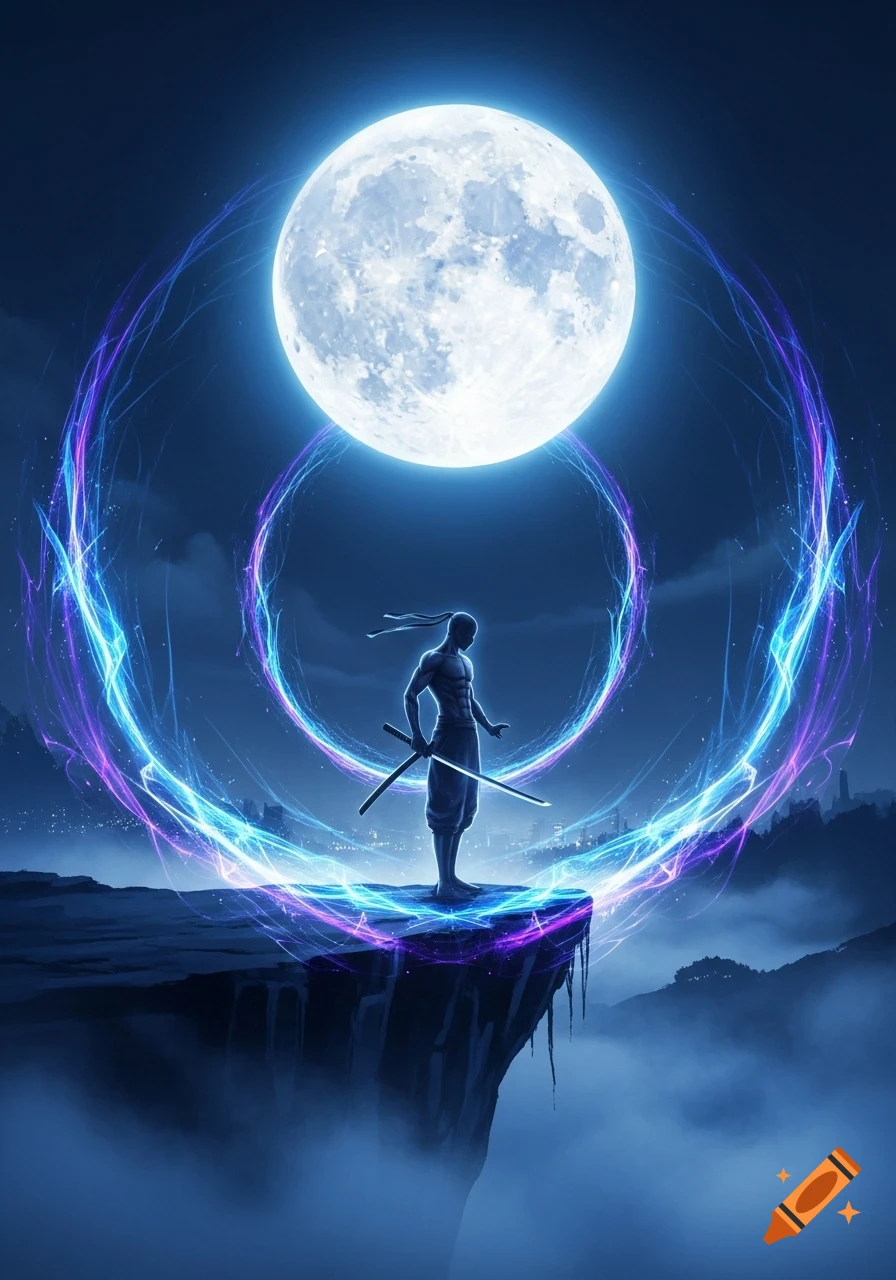 Silhouetted ninja warrior with a sword stands on a cliff under a giant glowing moon, surrounded by vibrant blue and purple energy rings at night.
