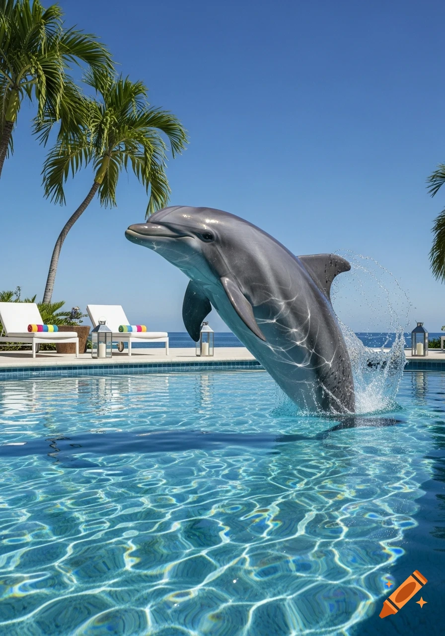 A bottlenose dolphin leaps out of a vibrant blue swimming pool at a tropical resort, with palm trees and the ocean in the background.