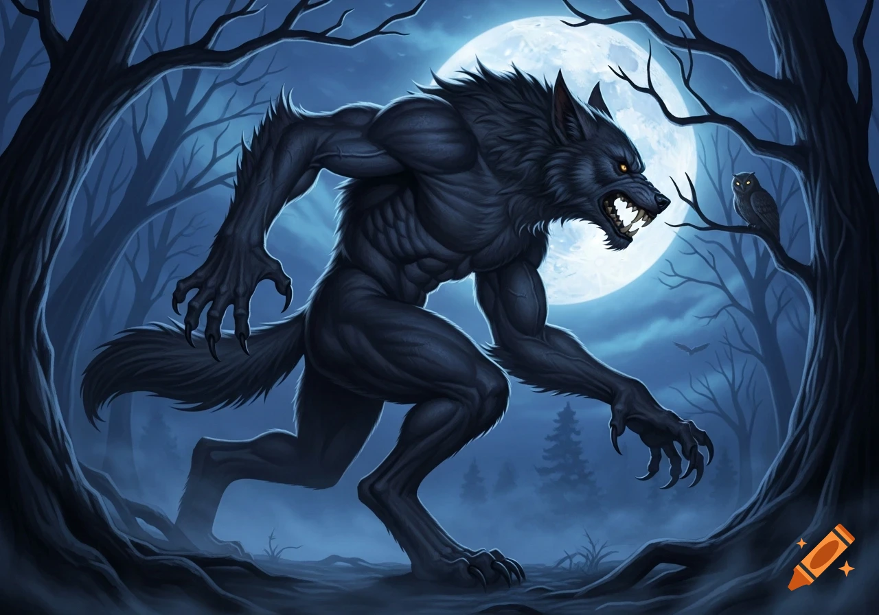 A snarling werewolf with glowing eyes stands menacingly in a dark, moonlit forest, an owl perched on a tree branch.