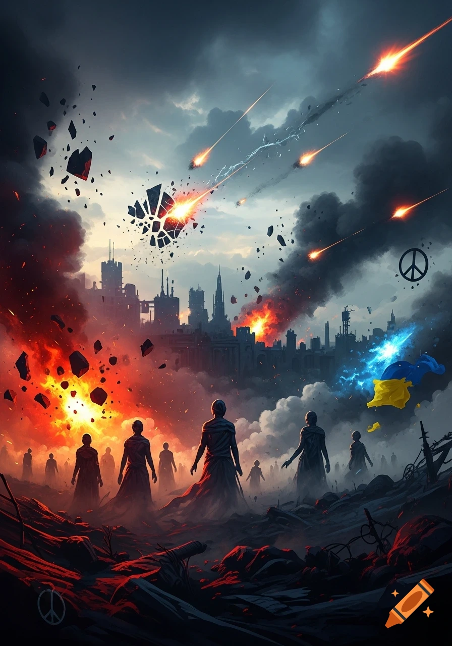 Abstract art of a war-torn city under attack by meteors, with explosions and smoke. Silhouettes of people walk across a devastated landscape with Ukrainian flag and peace symbols.
