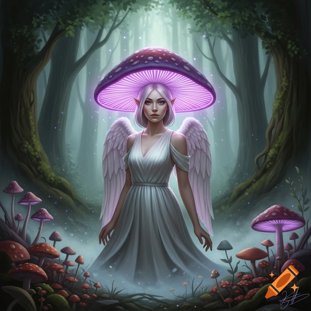 Ethereal woman with white hair, angel wings, and a glowing purple mushroom cap hat stands in a magical forest filled with mushrooms, digital art.