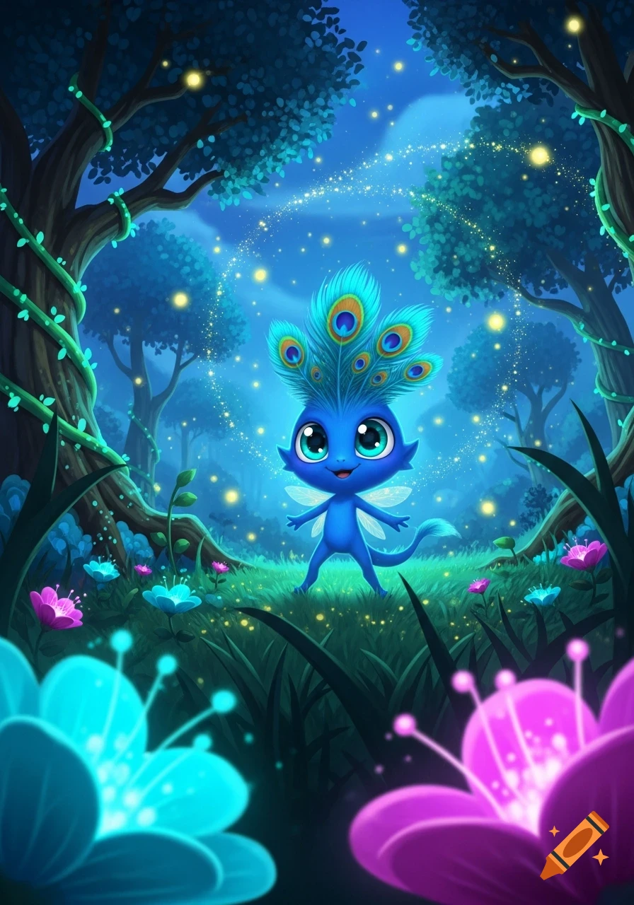 A cute blue fantasy creature with peacock feathers and tiny wings ...