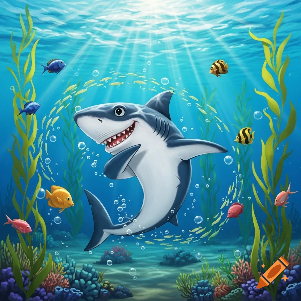A smiling cartoon shark swims underwater amidst colorful coral, seaweed, and schools of small fish, with sun rays piercing the surface.